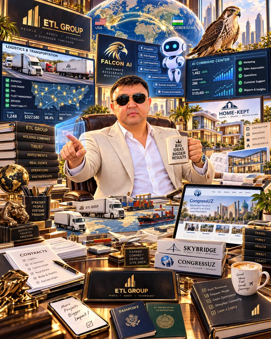 AI-карикатура Зафара Сафарова в окружении его бизнес-идей